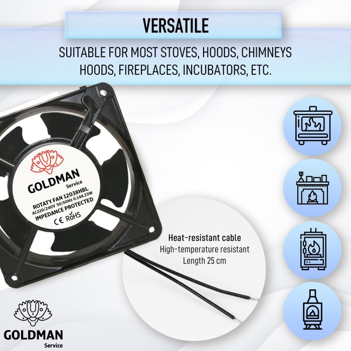 Fan with 25 cm heat-resistant cable and heating applications