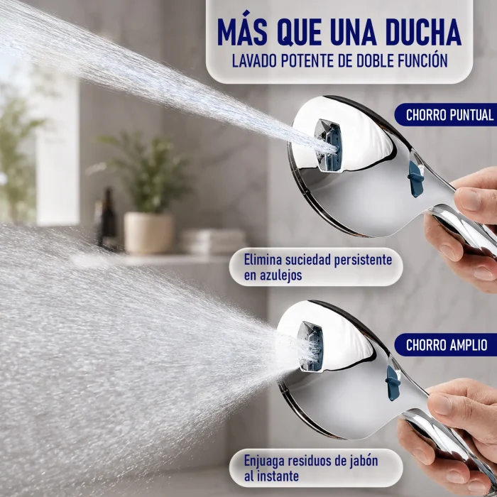 Chorro puntual y chorro en abanico para enjuagar azulejos y el plato de ducha
