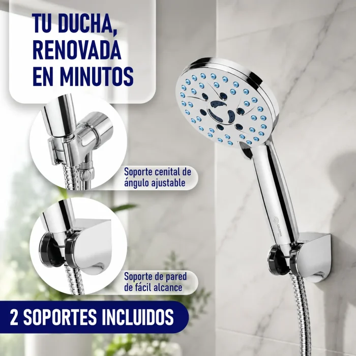 Alcachofa de ducha con soporte para toma de agua ajustable y soporte de pared