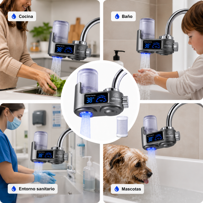 Ejemplos de uso del filtro de agua GOLDMAN SERVICE en distintos grifos