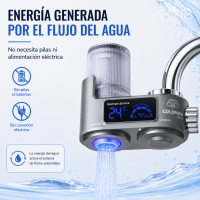 Purificador de agua para grifo con pantalla alimentada por el flujo del agua, sin pilas ni enchufe