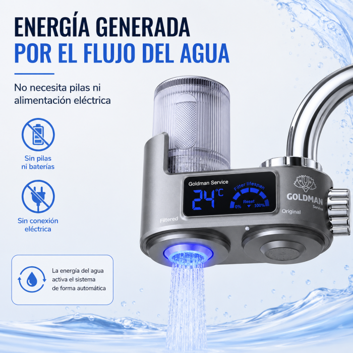 Purificador de agua para grifo con pantalla alimentada por el flujo del agua, sin pilas ni enchufe