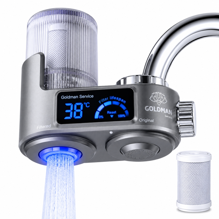 Filtro de agua para grifo GOLDMAN SERVICE con pantalla digital y un cartucho adicional de repuesto