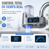 Pantalla digital del filtro que muestra la temperatura del agua y el porcentaje de vida útil del cartucho