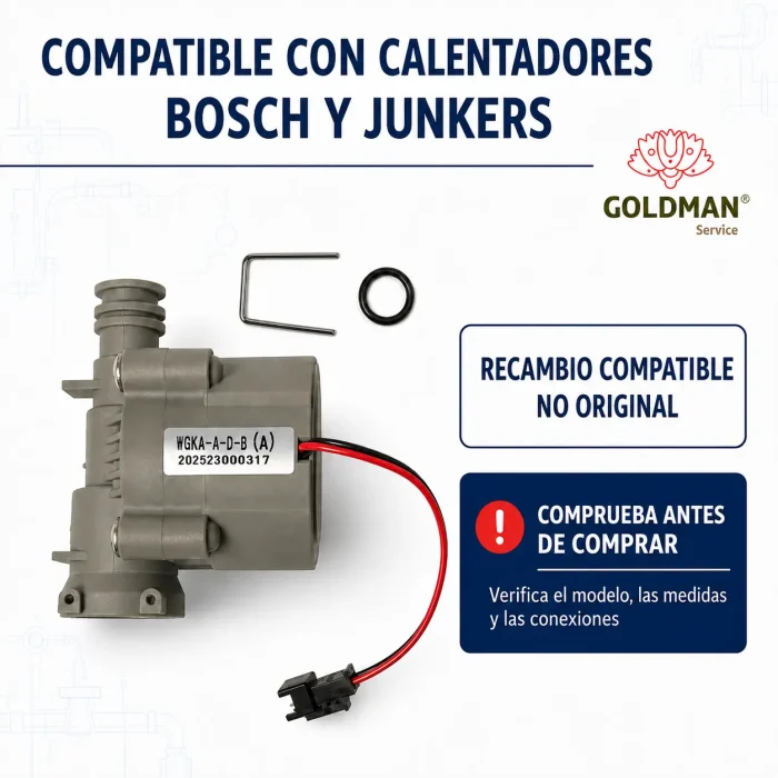 Recambio compatible con determinados calentadores Bosch y Junkers; comprobación de modelo y conexiones
