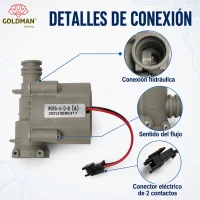 Conexión hidráulica, flecha de sentido del flujo y conector eléctrico de dos contactos del hidrogenerador