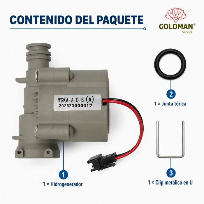 Contenido del paquete: hidrogenerador, junta tórica y clip metálico en U