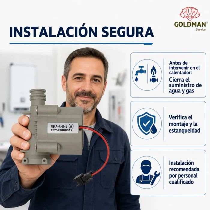 Técnico con el hidrogenerador GOLDMAN SERVICE y recomendaciones de instalación segura