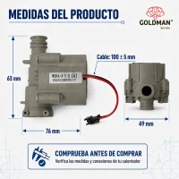 Medidas del hidrogenerador: 76 por 49 por 63 mm y cable de 100 más o menos 5 mm
