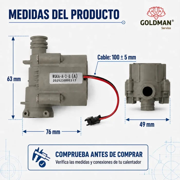 Medidas del hidrogenerador: 76 por 49 por 63 mm y cable de 100 más o menos 5 mm