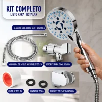 Contenido del kit de ducha: cabezal, manguera de 155 cm, dos soportes, juntas y cinta PTFE