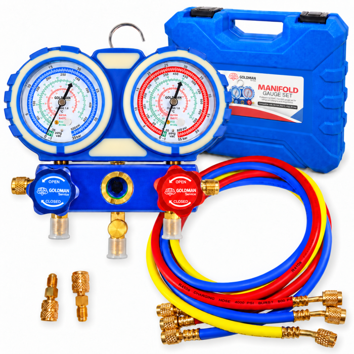 Kit manómetro de aire acondicionado WK-C6002B con mangueras y maletín