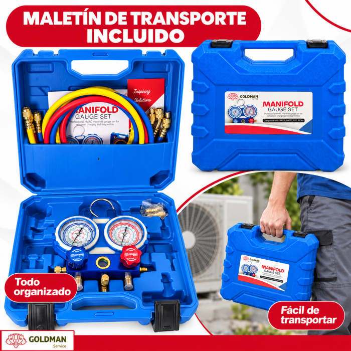 Kit manómetro de aire acondicionado WK-C6002B con mangueras y maletín