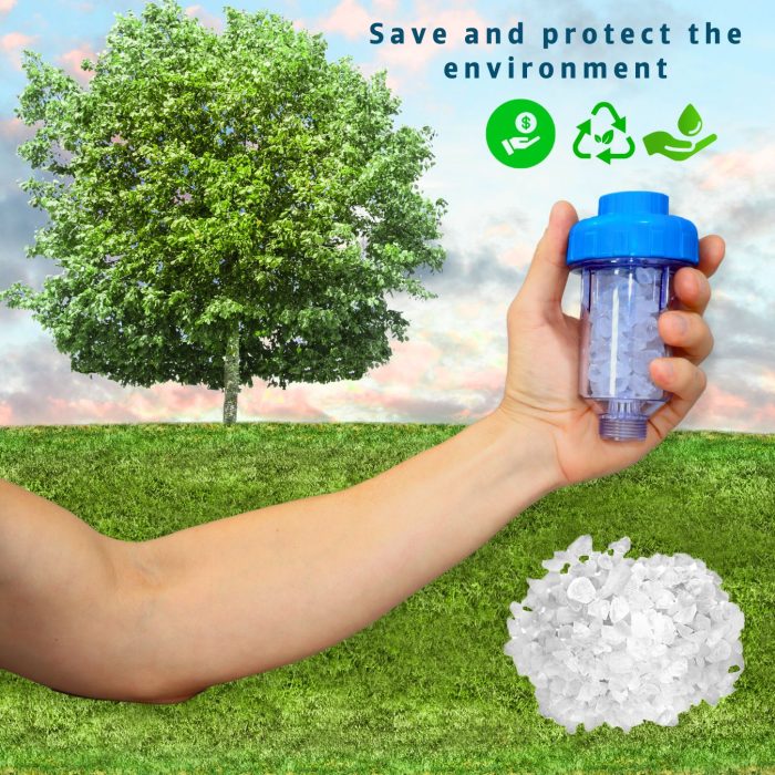 Compact refillable filter and polyphosphate crystals