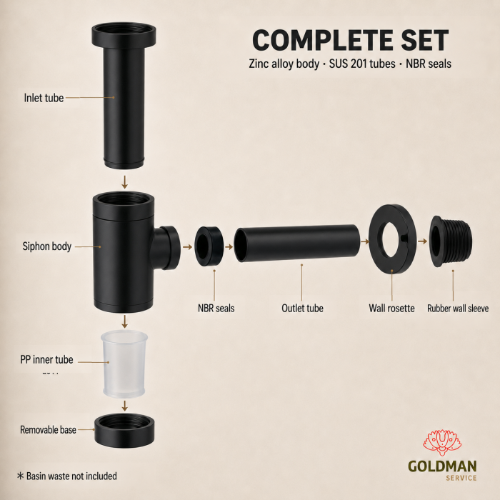 Matte black adjustable washbasin bottle trap