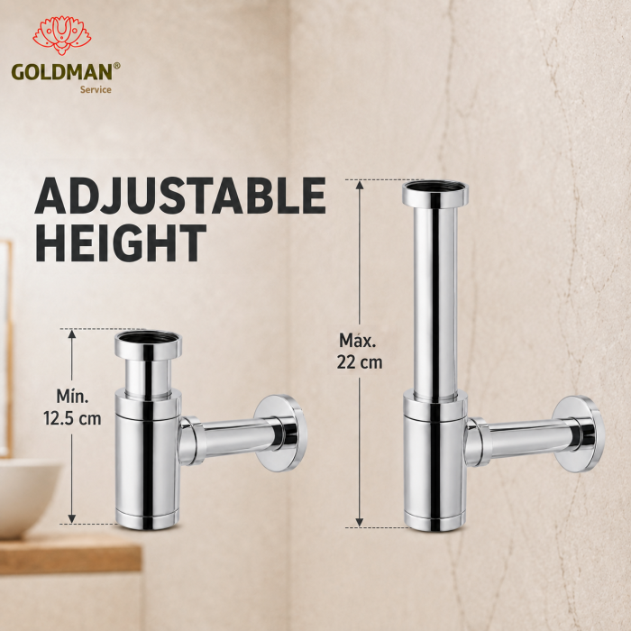 Chrome adjustable washbasin bottle trap