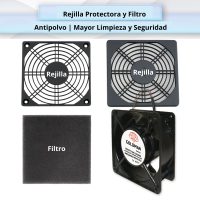 Rejilla protectora desmontada y filtro antipolvo del ventilador