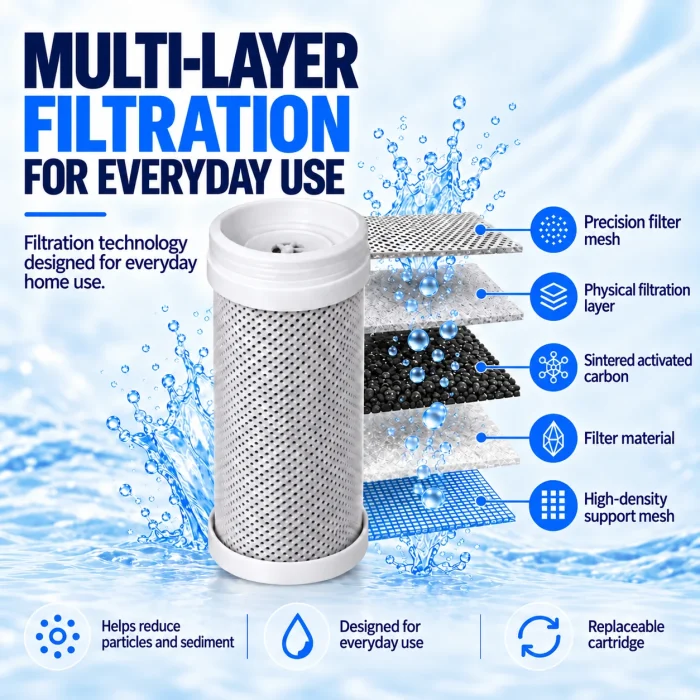 Layers of the replacement filter: precision mesh, filtration material, activated carbon and support mesh