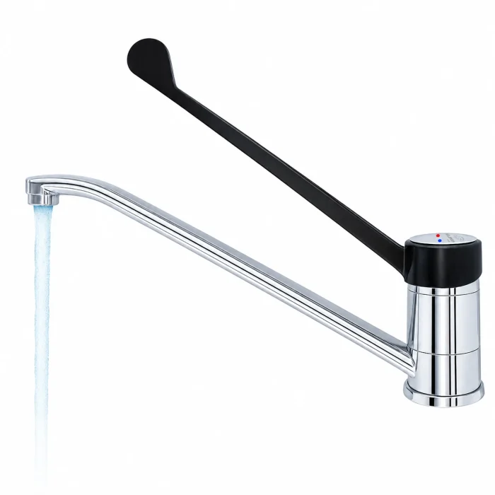 Grifo gerontológico MEDCARE cromado con palanca negra de codo de 30 cm